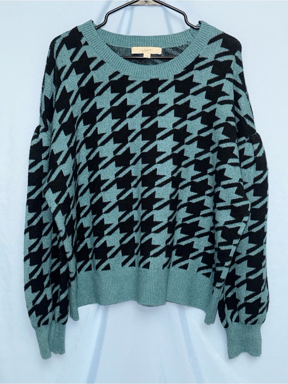 LOFT Houndstooth Balloon Sleeve Sweater – Blue/Black – Size XL - Picture 2 of 7